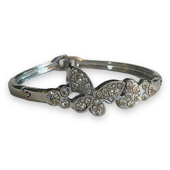 Butterfly Silver Rhinestone Bangle Bracelet - Picture 1 of 4